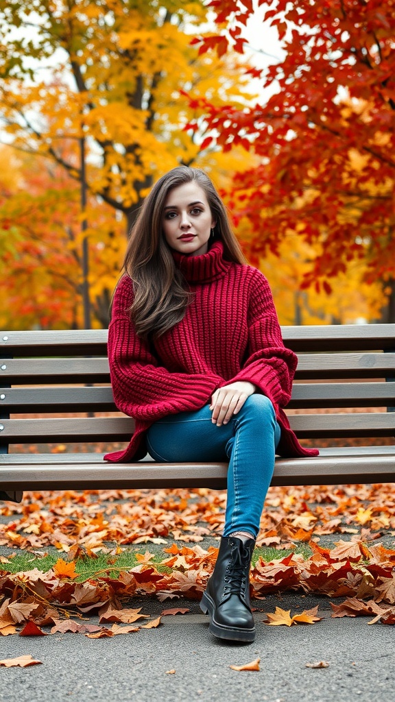 A woman in a red oversized sweater sitting on a bench surrounded by fall foliage.