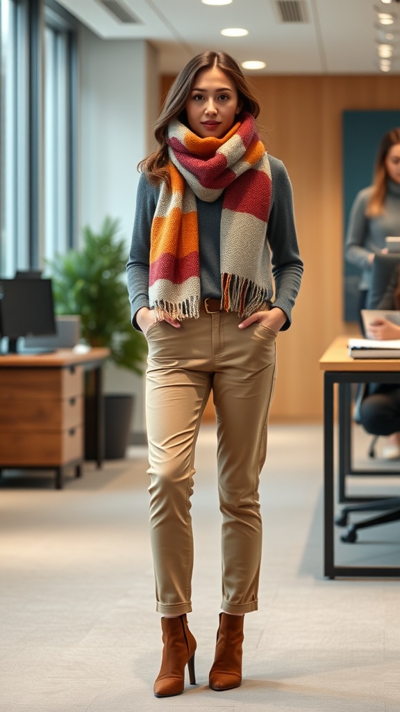 A mannequin dressed in casual chinos, a cozy scarf, and stylish boots in a winter office setting.