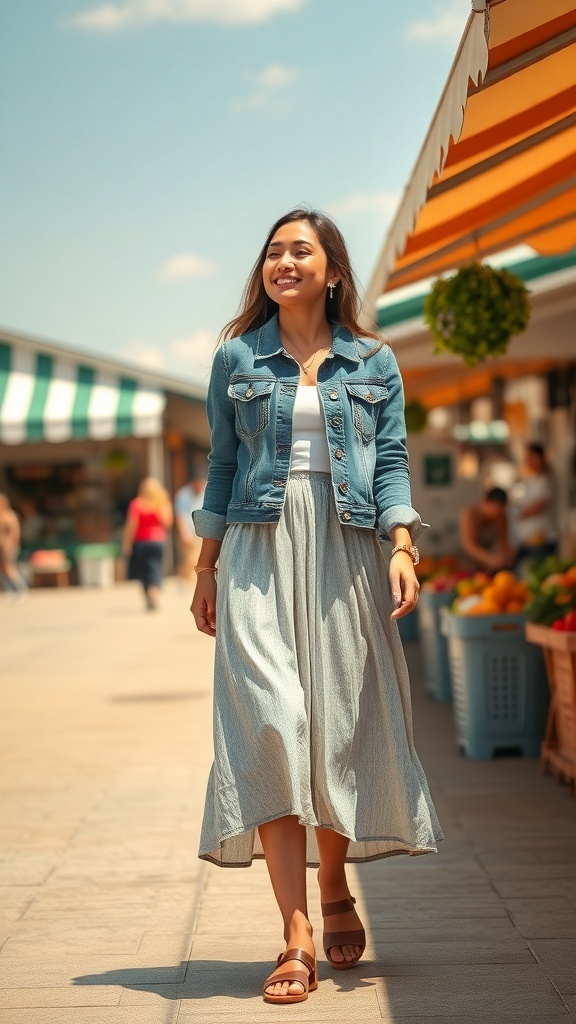 A woman wearing a denim jacket and a midi skirt, walking in a market.
