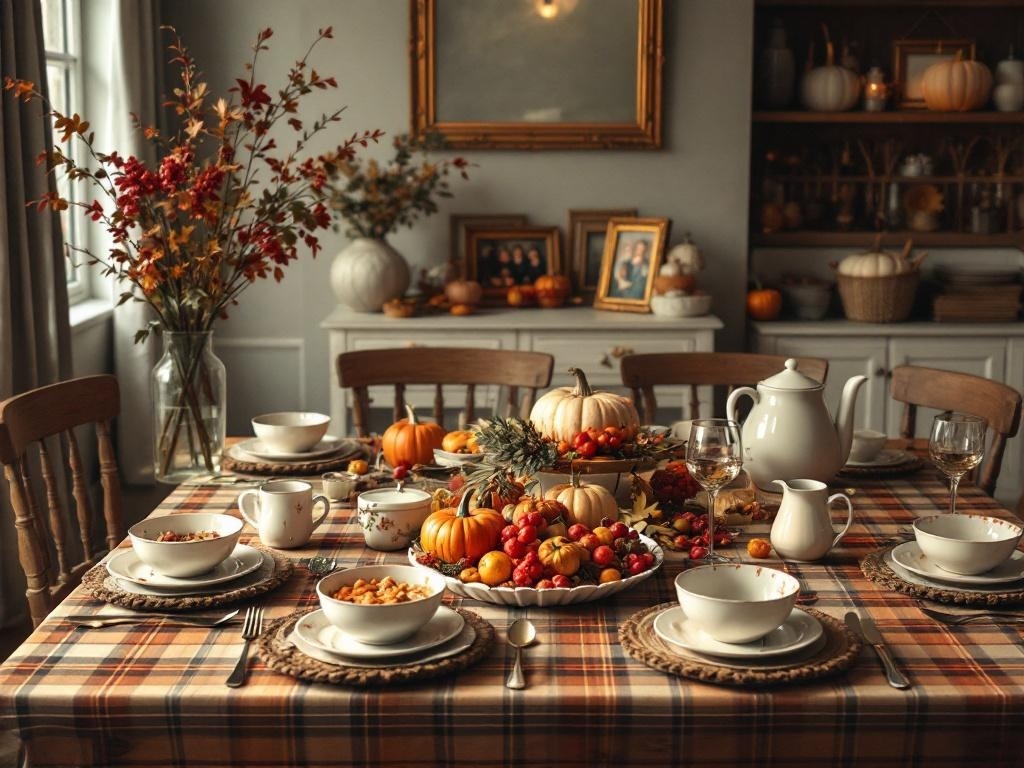 A cozy Thanksgiving table setting with pumpkins, fruits, and elegant dishware.