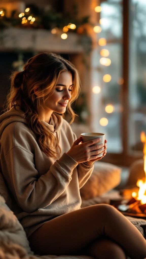 A woman in a cozy hoodie and leggings, holding a cup, sitting by a fire.