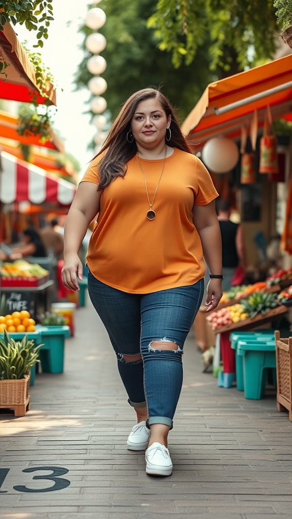 A woman in a bright orange top and distressed jeans walking in a market wearing casual slip-on shoes.