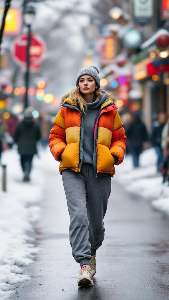 A woman wearing a colorful puffer jacket, gray sweatshirt, and sweatpants walking in a snowy street.