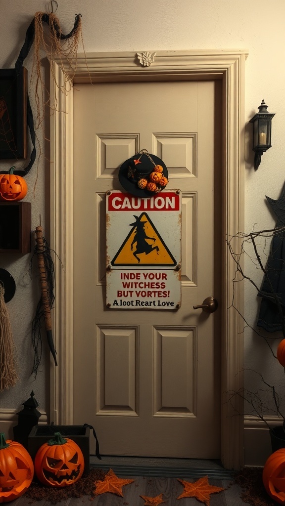 A door decorated with a 'Caution: Witch Crossing' sign, surrounded by pumpkins and autumn leaves.