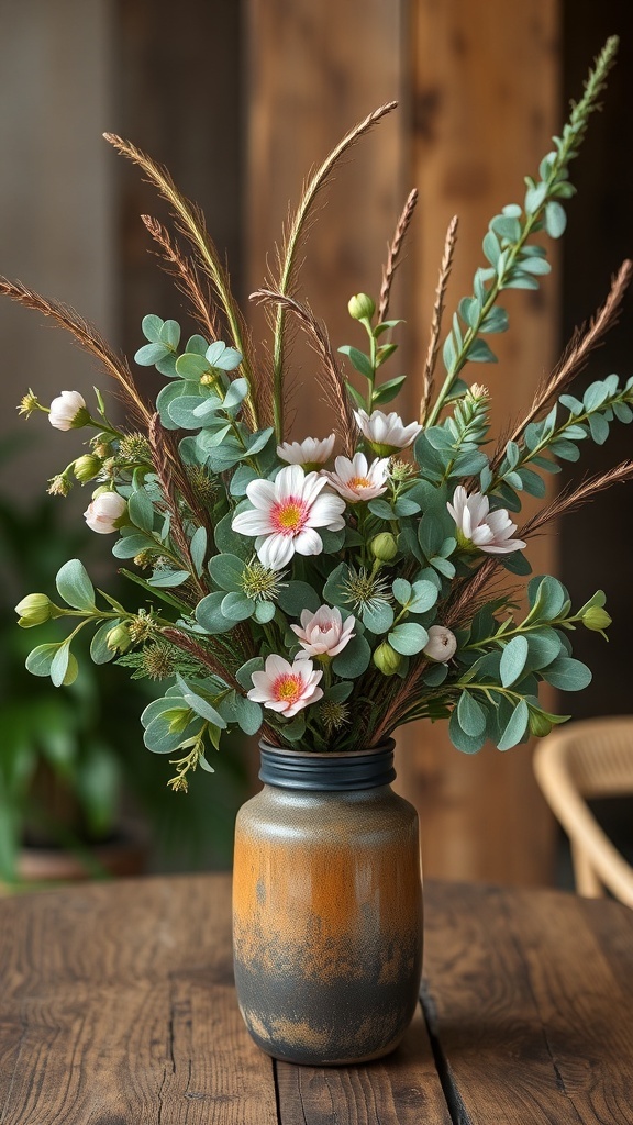 A beautiful arrangement of cedar and eucalyptus in a rustic vase, featuring delicate flowers.