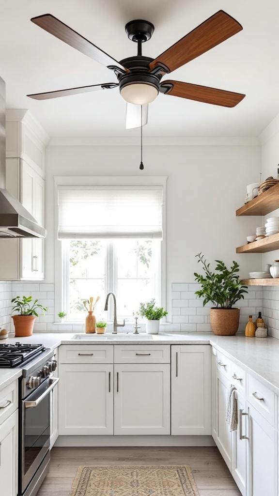 A modern kitchen with a ceiling fan featuring wooden blades and a black finish.