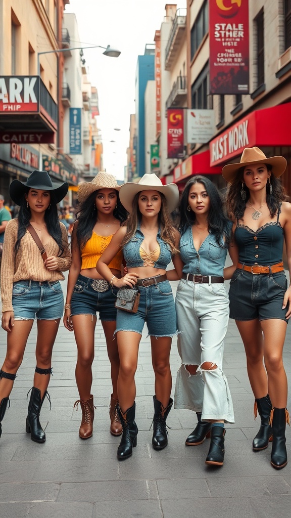 A group of five women in western chic outfits, showcasing diverse styles with denim shorts, boots, and hats.