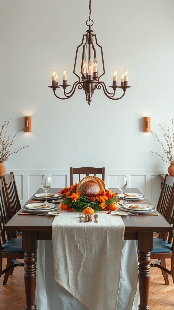 A beautifully set dining table for Thanksgiving with a cornucopia centerpiece, elegant chandelier, and warm wooden tones.