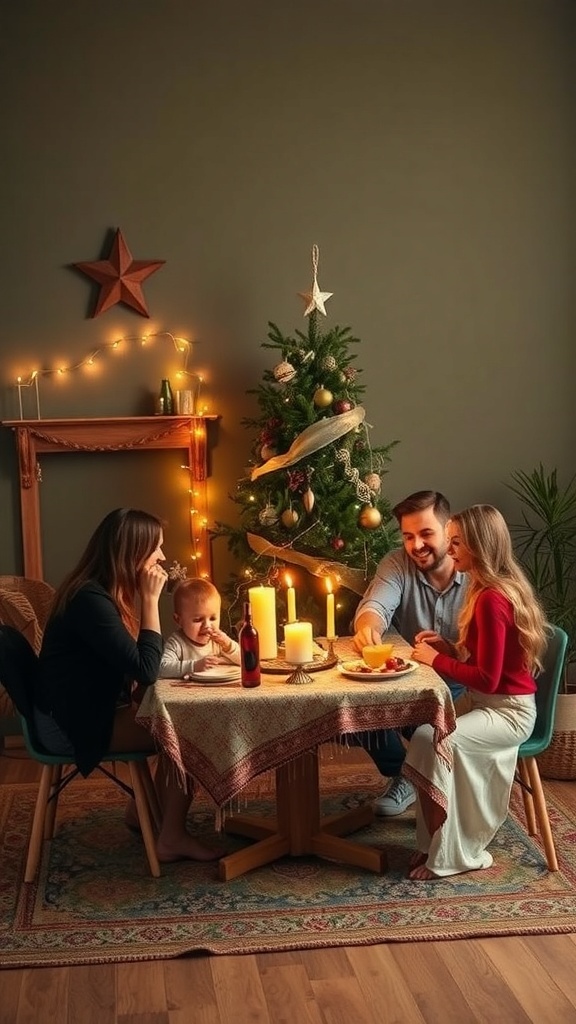A family celebrating Christmas around a table with a decorated tree in a cozy setting.