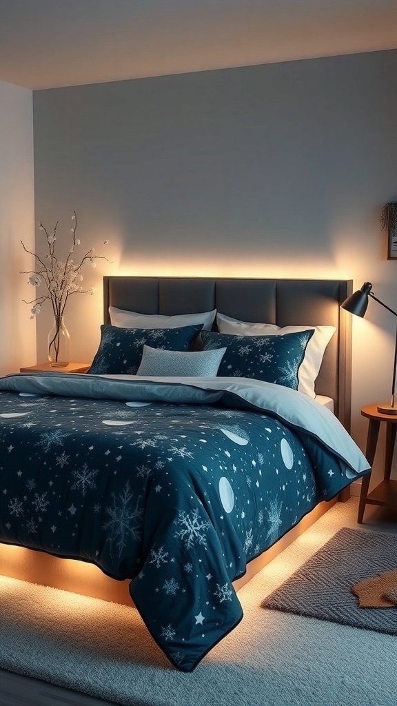 Cozy bed with celestial winter night bedding featuring stars and moon designs.