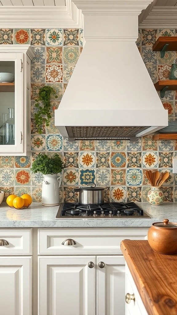 A colorful cement tile backsplash in a farmhouse kitchen with a gas stove and white cabinets.