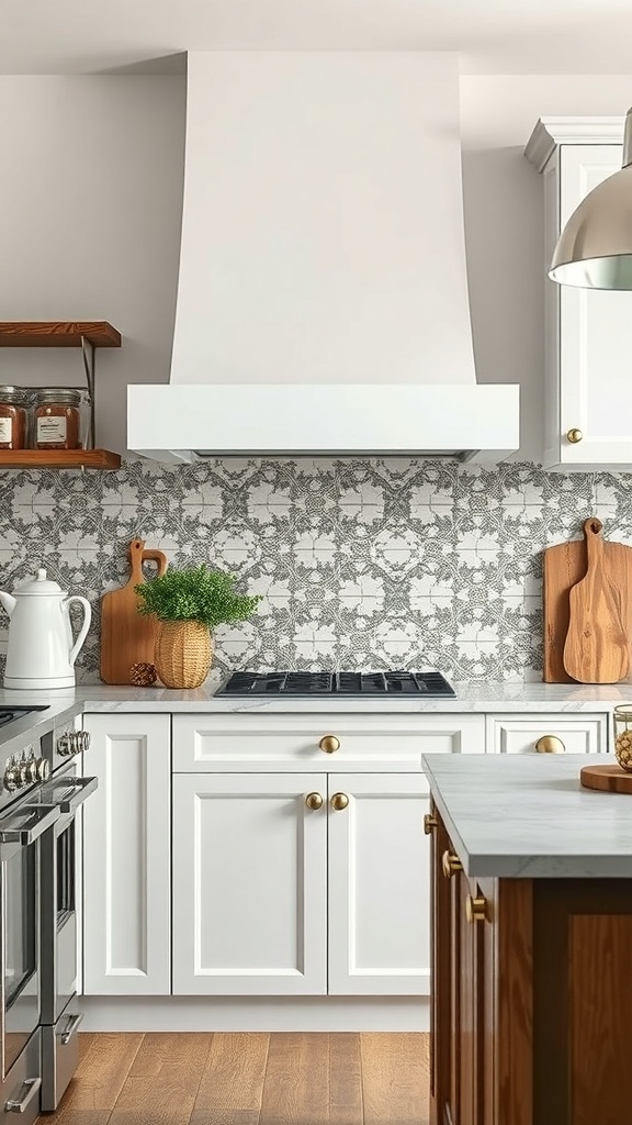 A modern farmhouse kitchen with a cement tile backsplash featuring intricate designs.