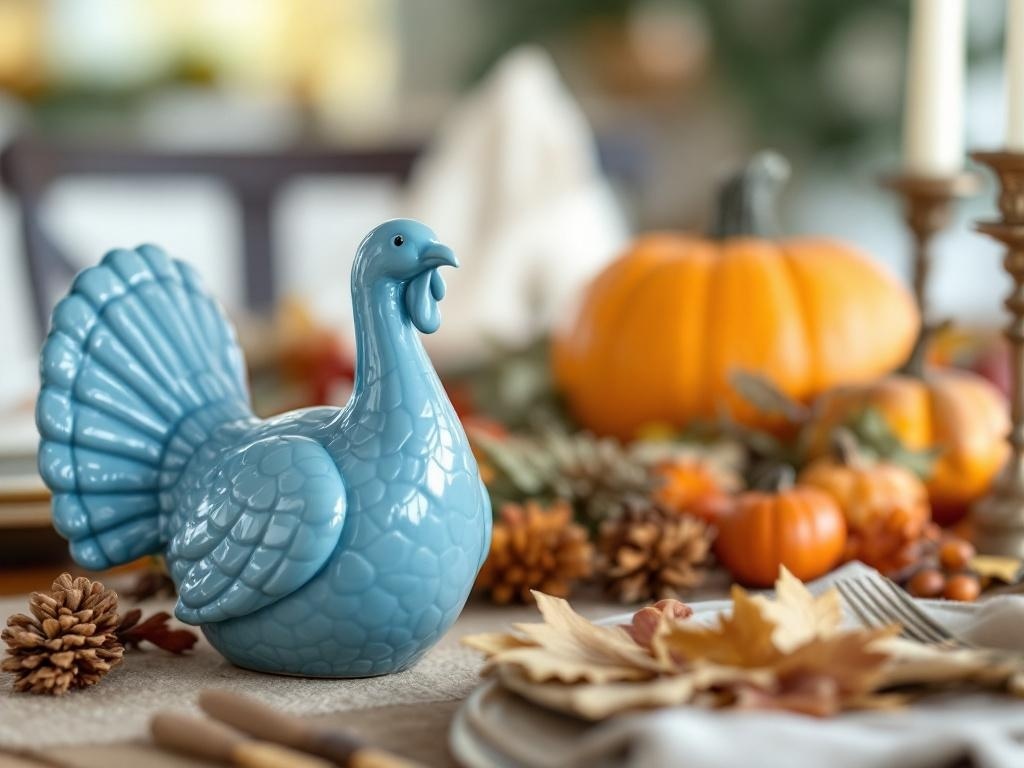 Ceramic blue turkey figurine on a Thanksgiving table with pumpkins and autumn decor.