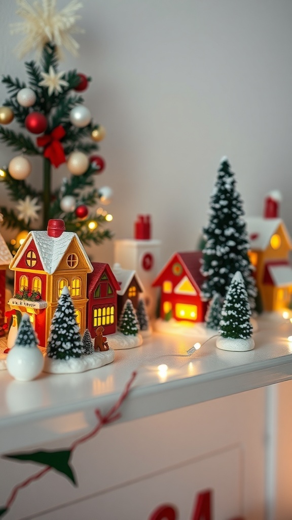 A festive display of a ceramic Christmas village with colorful houses and miniature trees.