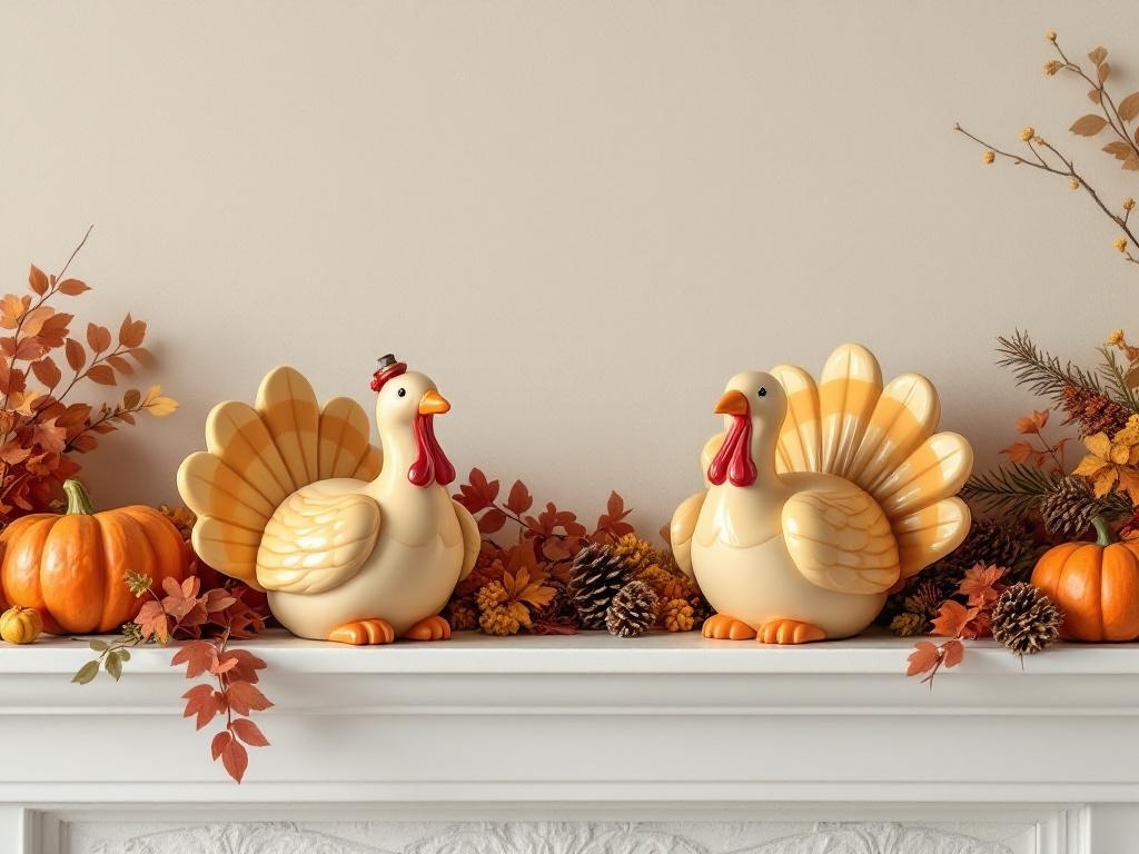 Two ceramic turkey figurines on a mantel surrounded by autumn leaves and pumpkins