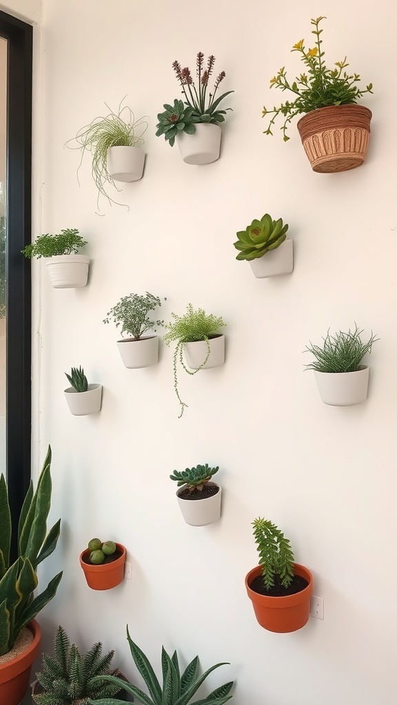 A collection of ceramic wall planters with various plants arranged on a white wall.