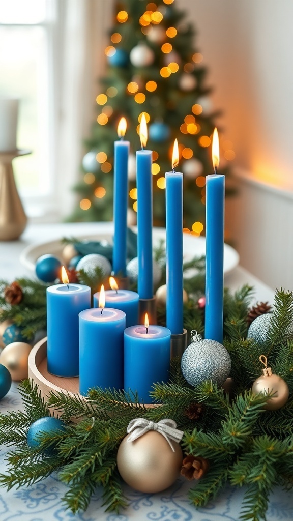 A festive arrangement of cerulean blue candles surrounded by greenery and ornaments.