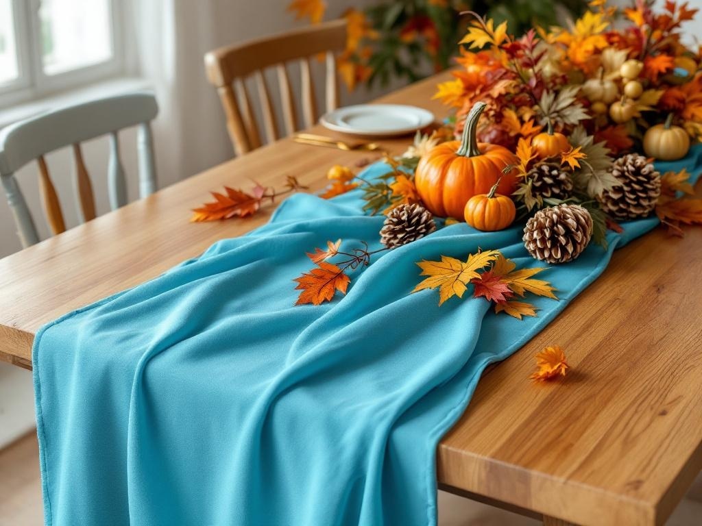A blue table runner adorned with autumn decorations including pumpkins, pinecones, and colorful leaves on a wooden table.