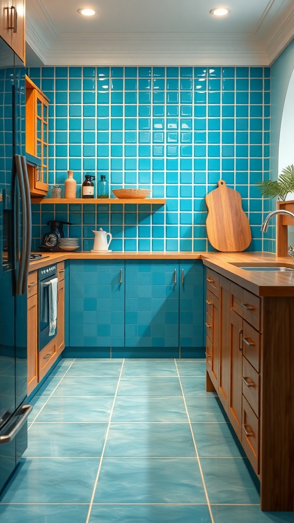 A bright kitchen featuring cerulean tiles on the walls and floor, complemented by wooden cabinets and accessories.
