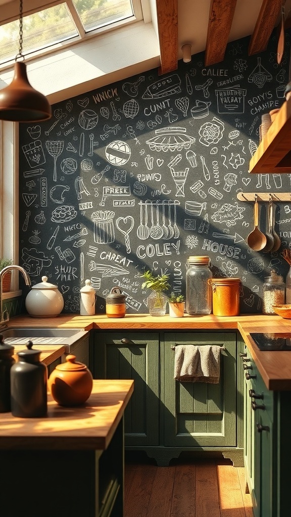 A kitchen with a chalkboard backsplash featuring handwritten notes and drawings.