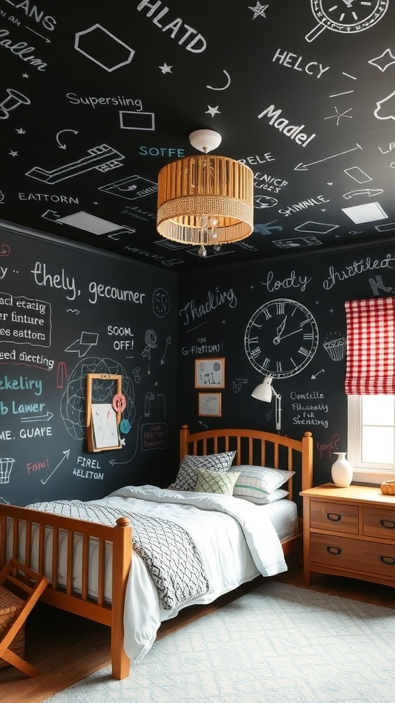 A bedroom with a chalkboard ceiling featuring drawings of stars and a playful message on the wall.