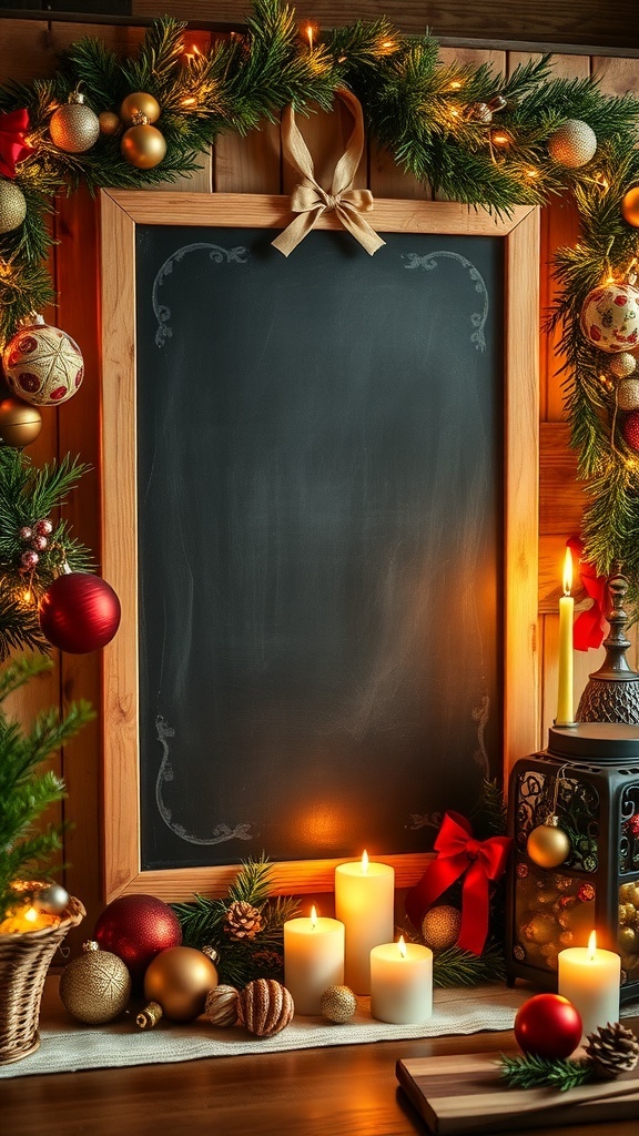 Chalkboard Christmas countdown decorated with festive greenery and ornaments