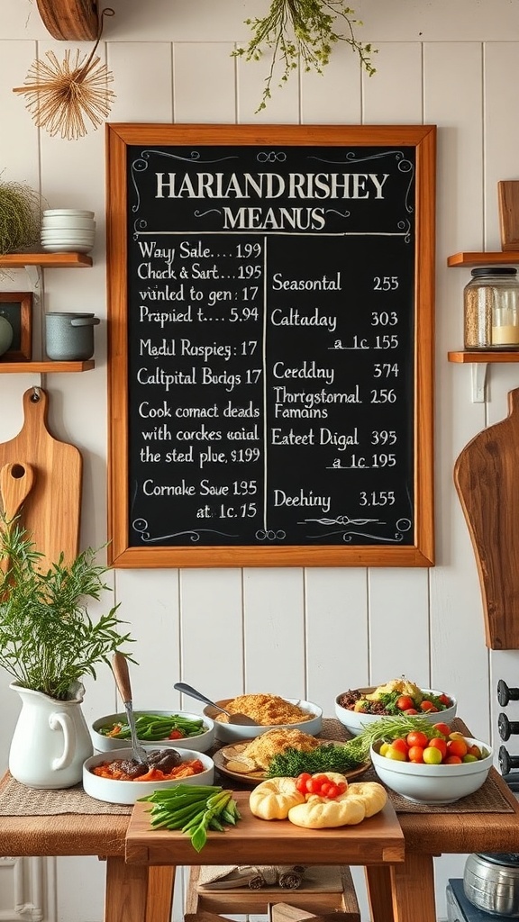 Chalkboard menu display with various food items on a wooden table