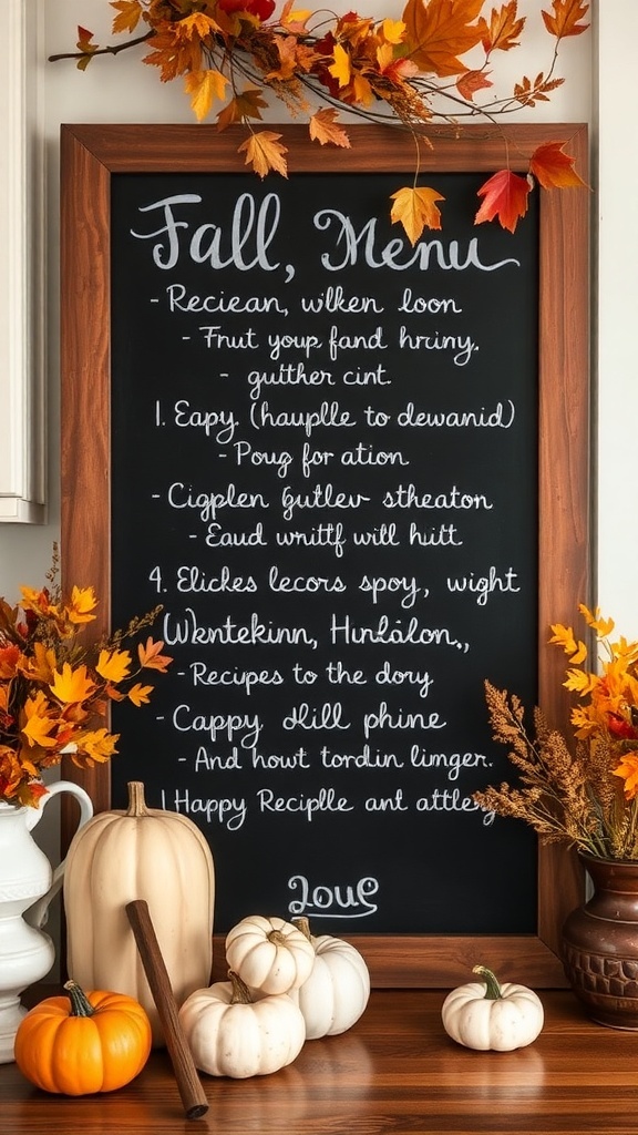 Chalkboard menu with fall recipes and autumn decorations in a cozy kitchen