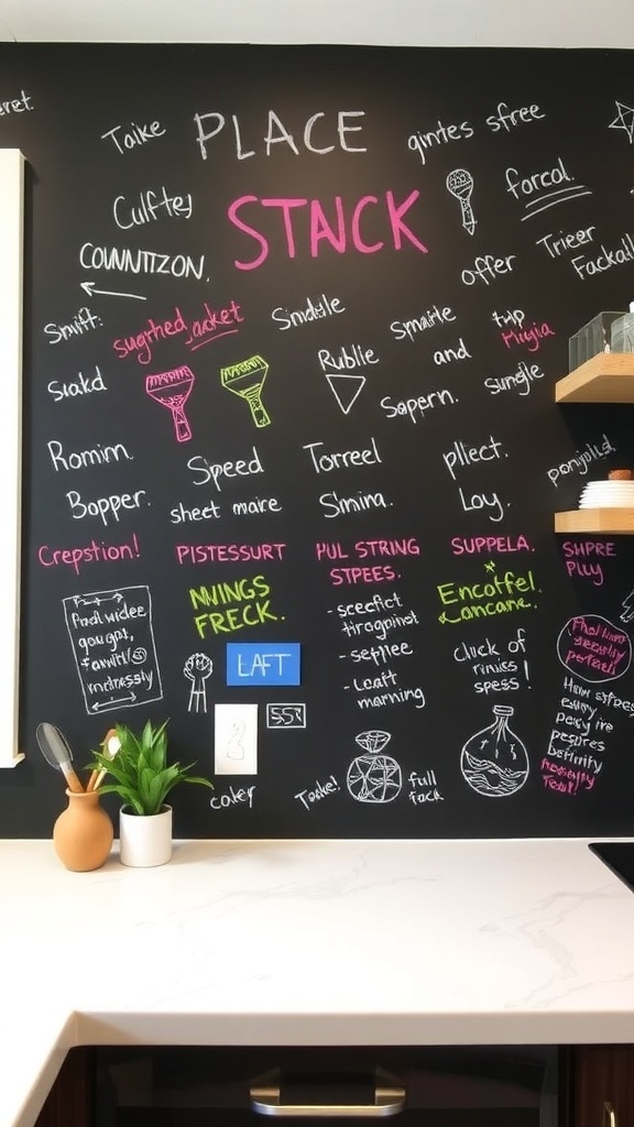 A chalkboard wall filled with colorful chalk drawings and messages.