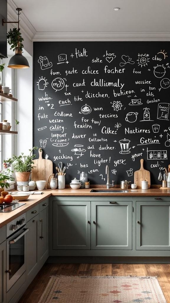 A kitchen with a chalkboard splashback, featuring handwritten notes and doodles.