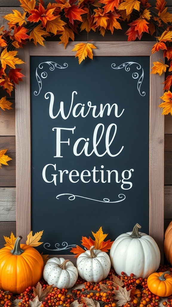 Chalkboard sign with 'Warm Fall Greeting' surrounded by autumn leaves and pumpkins
