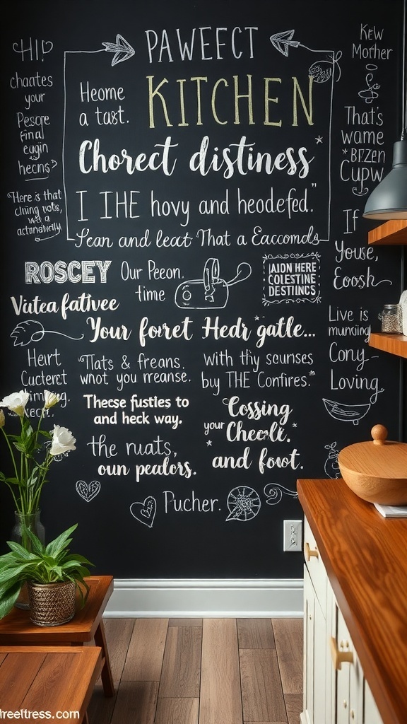 Chalkboard wall art with whimsical text and drawings in a kitchen setting.