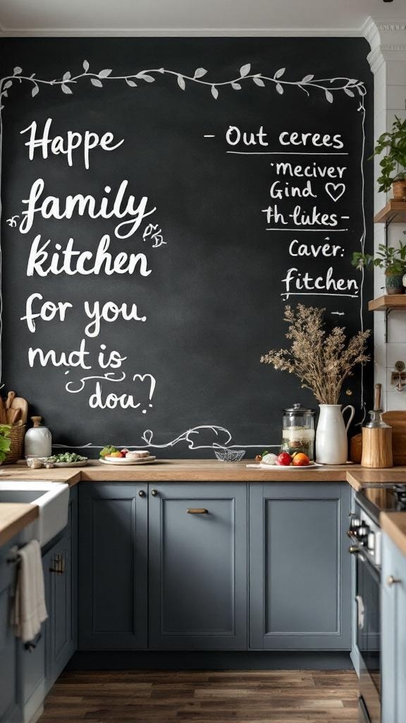 Chalkboard wall in a farmhouse kitchen with handwritten notes and a welcoming message.