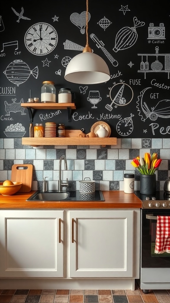 A kitchen with chalkboard wallpaper featuring colorful doodles and notes.