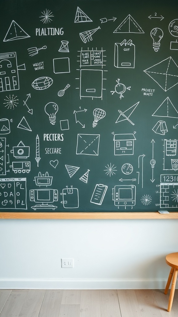 Chalkboard wall filled with doodles and notes in a craft room