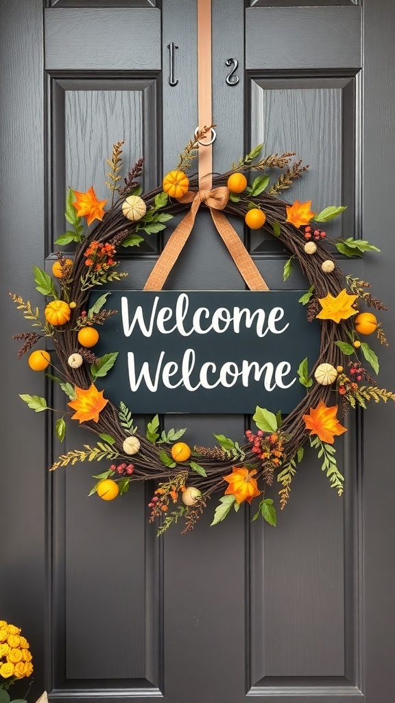 Chalkboard welcome wreath with autumn leaves and pumpkins