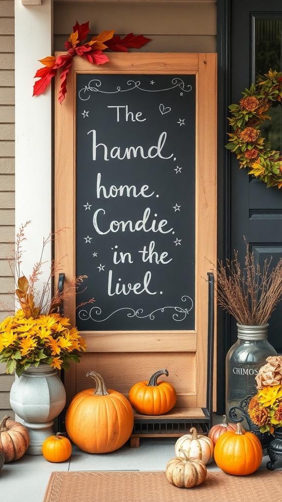 Chalkboard sign with fall greetings surrounded by autumn decorations