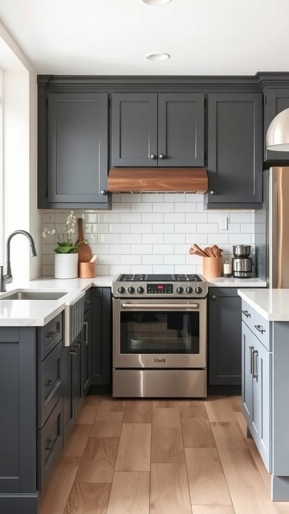 A modern farmhouse kitchen featuring charcoal gray cabinets and light countertops.