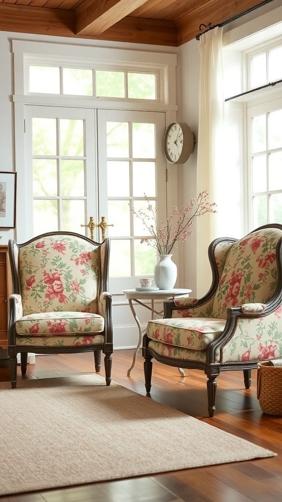 Two floral accent chairs in a farmhouse living room setting.