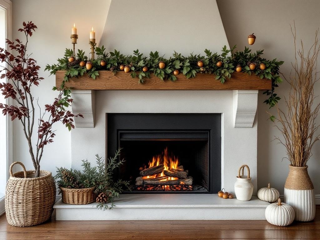 A beautifully decorated fireplace with acorns, greenery, and candles for Thanksgiving.