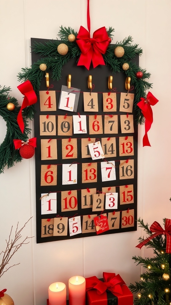 A charming advent calendar with numbers, decorated for Christmas, hanging on a wall.