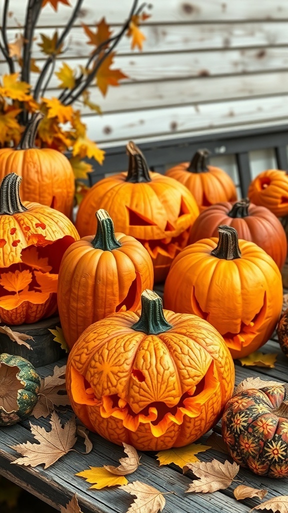 A collection of carved antique pumpkins on a wooden table surrounded by autumn leaves.