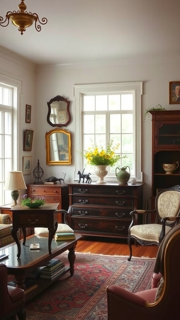 A cozy western farmhouse living room featuring antiques and family heirlooms.