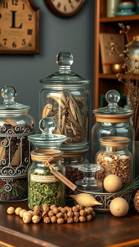 A collection of apothecary jars filled with dried herbs and decorative items, set on a wooden table.