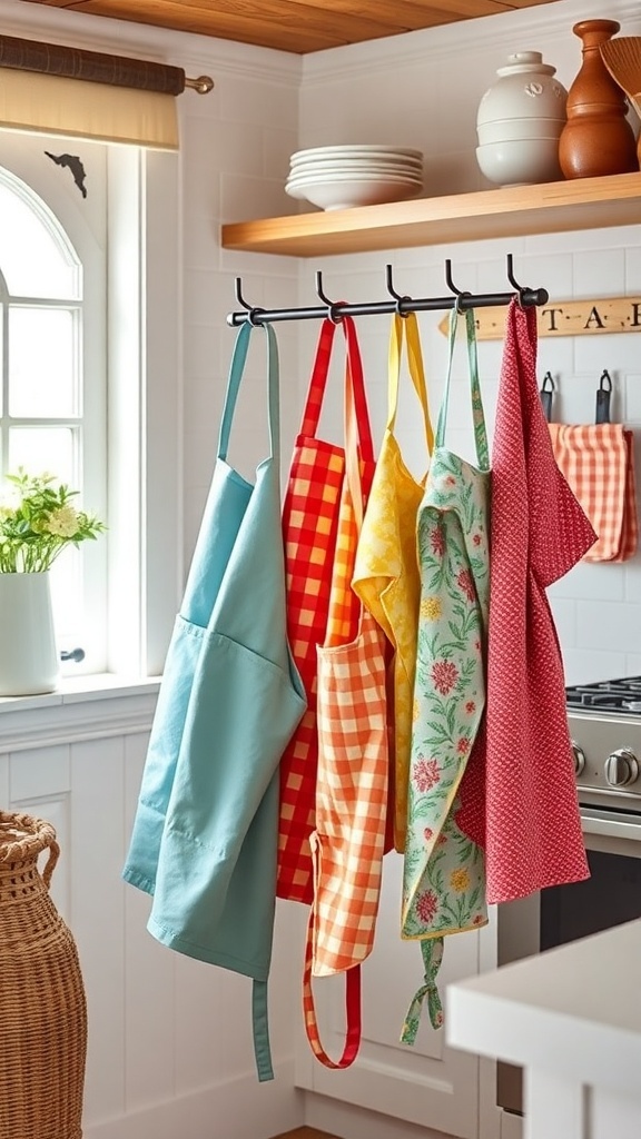 Colorful aprons hanging on a rack in a farmhouse kitchen