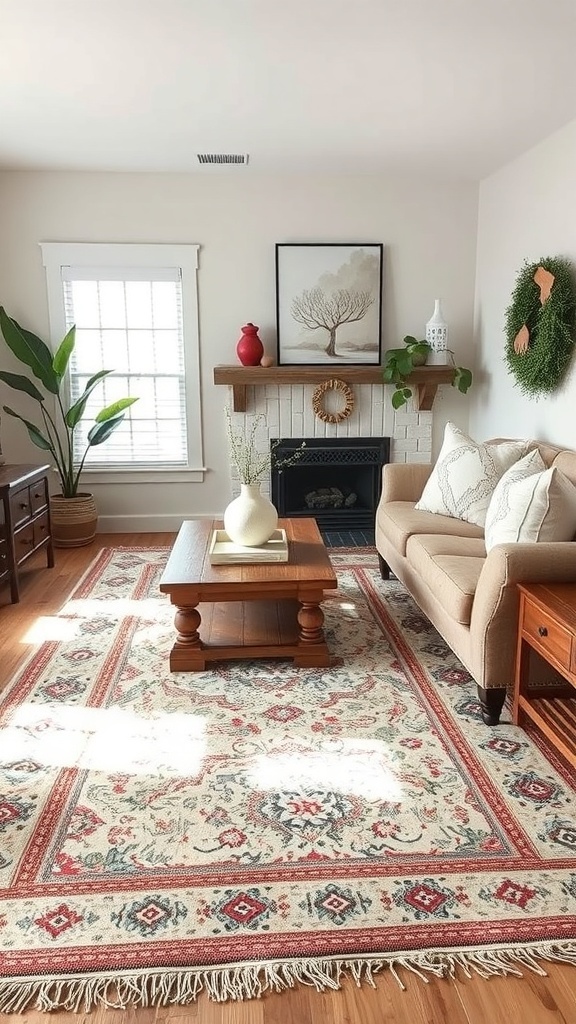 Rustic farmhouse living room with a charming area rug.