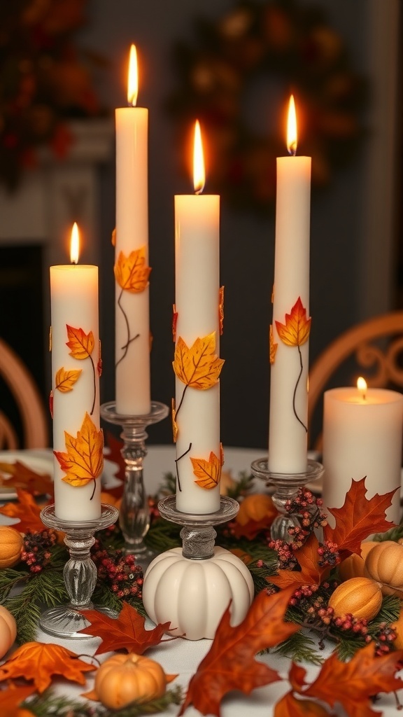 A beautiful display of autumn leaf candles with pumpkins and leaves