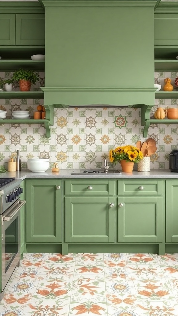A green farmhouse kitchen featuring a colorful patterned backsplash and green cabinetry.