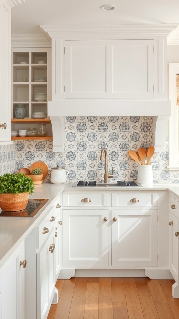 Charming white farmhouse kitchen with patterned backsplash and wooden accents.