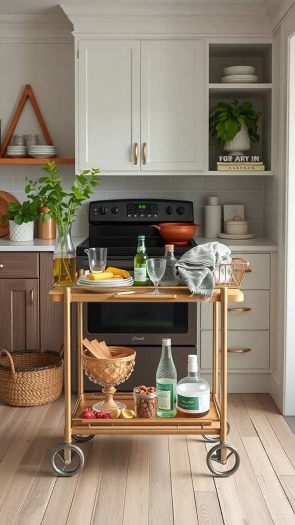 A stylish bar cart with drinks and snacks in a farmhouse kitchen.